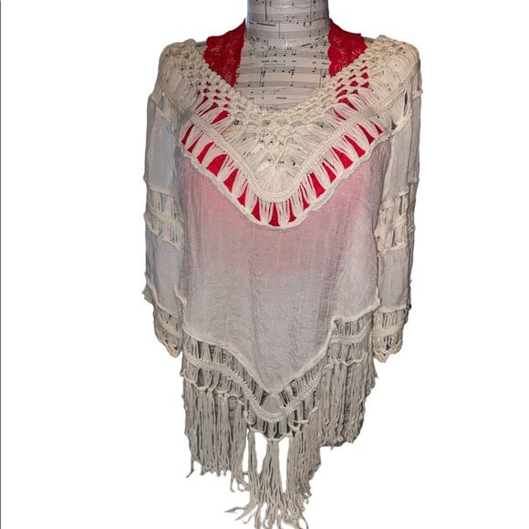 Bohemian All Day Natural Handmade Crochet Fringed Sheer Top size Small - Picture 1 of 8